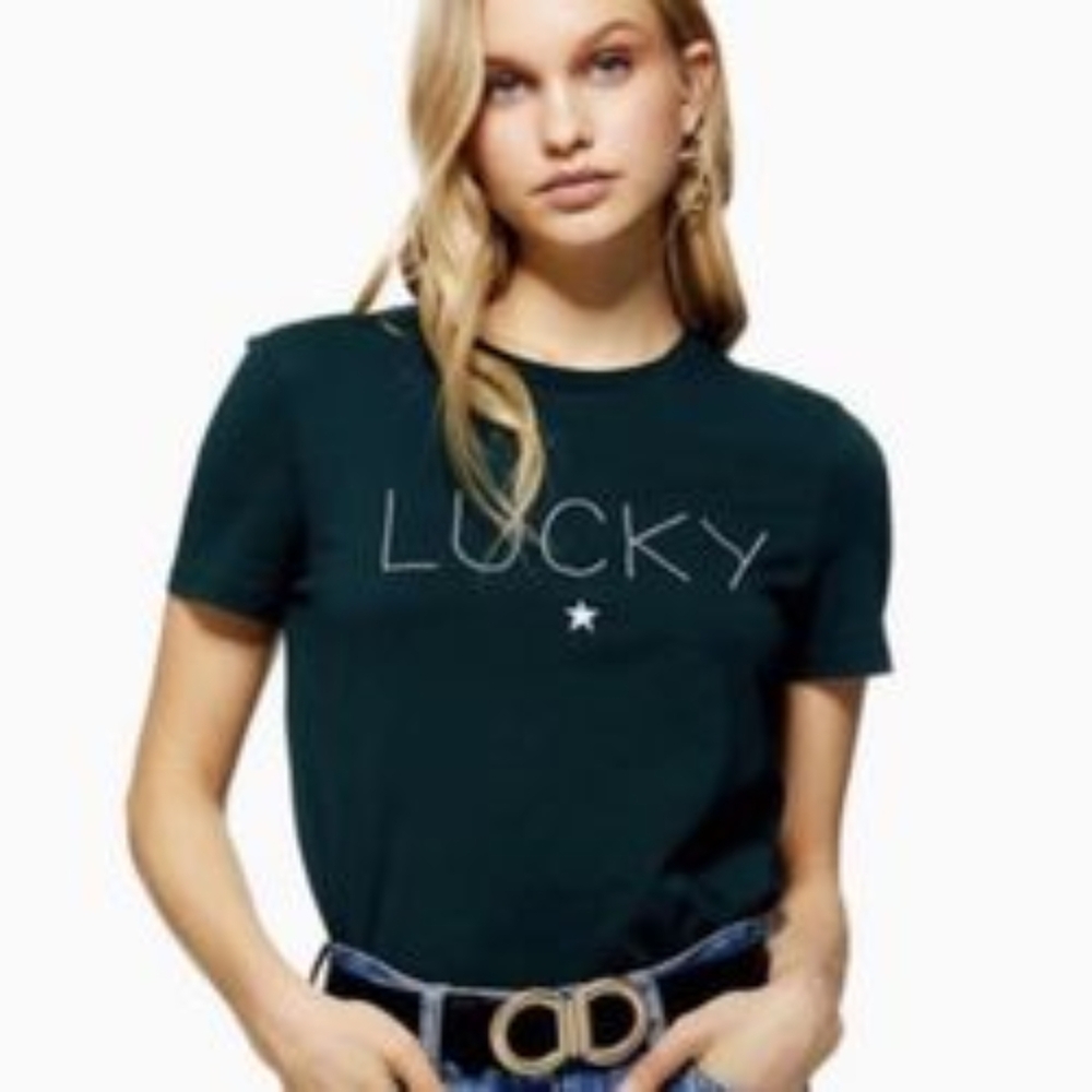 Topshop LUCKY star Dark Green Womens Tee Size 6